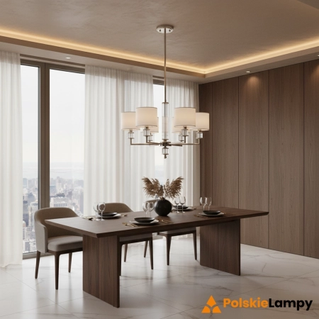 Lampa wisząca niklowa 6-punktowa z białymi abażurami P06446NI-WH z serii SUTTON - Cosmo Light
