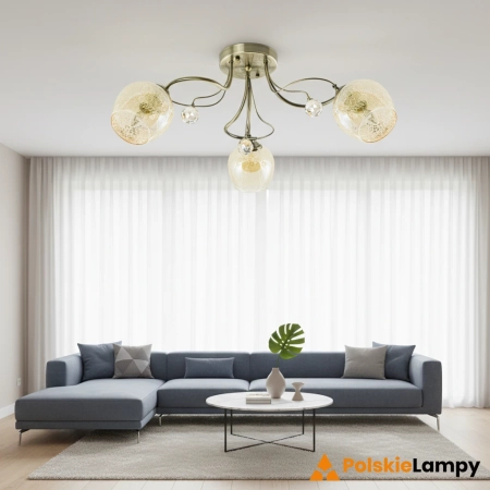 Lampa sufitowa mosiężna 3-punktowa ze szkłem kryształowym 8824/3 z serii BLANCA - Lampy Elem