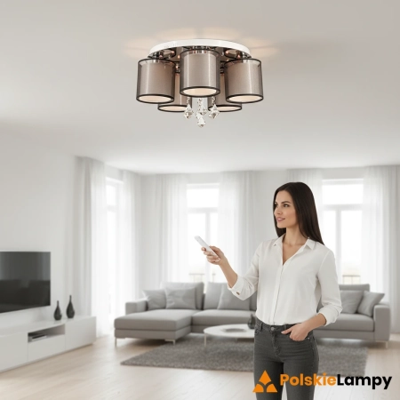 Plafon chromowany z czarnymi abażurami i kryształami DRS8007/5 8C z serii BELLA - Lampy Elem