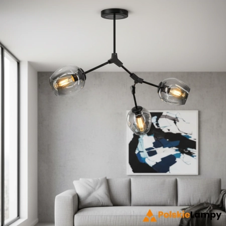 Plafon loft czarny metalowy z 3 szklanymi kloszami 1962/3 z serii BOSTON - Lampy Elem