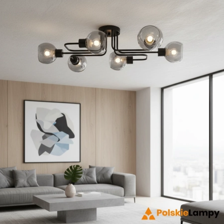 Plafon czarny metalowy z 6 szklanymi kloszami 3040/6 BL z serii TANGO - Lampy Elem