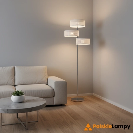 Lampa podłogowa chromowana 3-punktowa z białymi kloszami DRS8006/3F z serii ANTILA - Lampy Elem