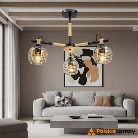 Lampa sufitowa czarna z drewnem i szklanymi kloszami 2203/3 z serii TIDA - Lampy Elem