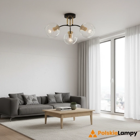 Plafon metalowy czarno-złoty z trzema szklanymi kloszami 8084/3 BL TR z serii ELBA - Lampy Elem