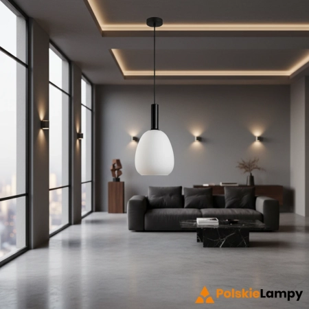 Lampa wisząca czarna metalowa z mlecznym kloszem PND-23541-1-BK-OP z serii Gater - Lampy Italux
