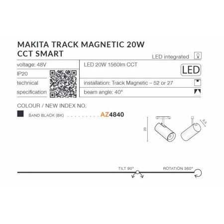 Lampa do szynoprzewodu magnetycznego biała ALFA MAKITA TRACK MAGNETIC 20W CCT SMART -  AZ4841 - Azzardo
