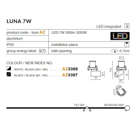 Oprawa wpuszczana okrągła Luna 7W biała AZ3396 - Azzardo