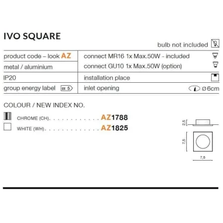 Oprawa do wbudowania IVO SQUARE  biała AZ1825 - Azzardo