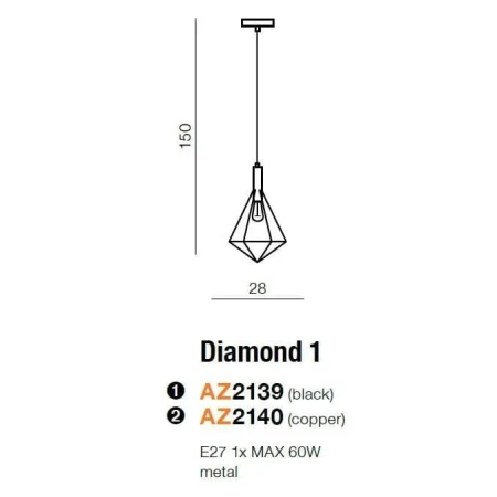 Lampa loft wisząca DIAMOND 1 czarna AZ2139 - Azzardo