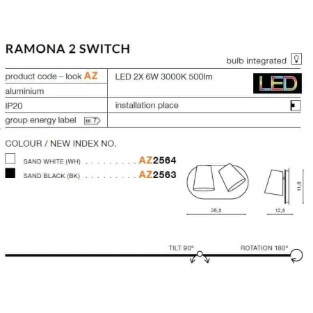 Kinkiet nowoczesny RAMONA 2 SW  biały AZ2564 - Azzardo