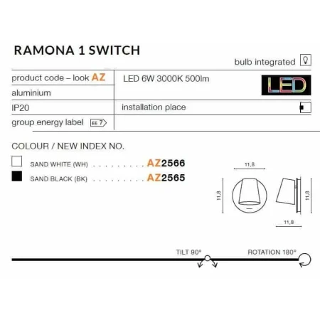 Kinkiet nowoczesny RAMONA 1 SW czarny AZ2565 - Azzardo