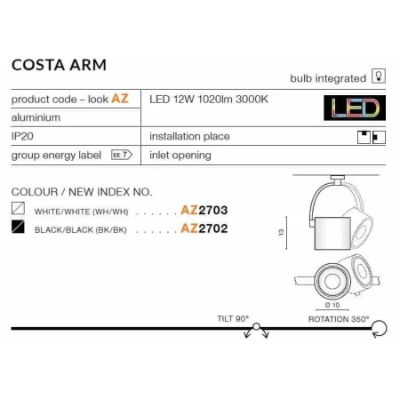 Oprawa sufitowa COSTA ARM  biała AZ2703 - Azzardo
