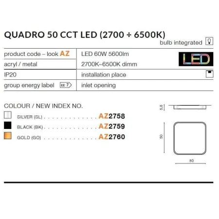 Plafon nowoczesny QUADRO 50 CCT srebrny AZ2758 - Azzardo