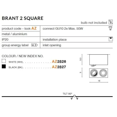 Oprawa sufitowa BRANT 2 SQ  biała AZ2826 - Azzardo
