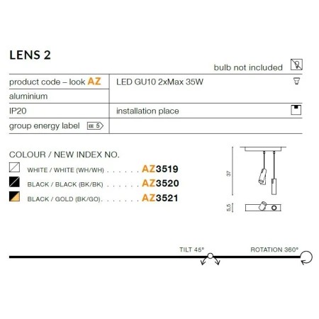 Oprawa sufitowa Lens 2 czarna AZ3521 - Azzardo