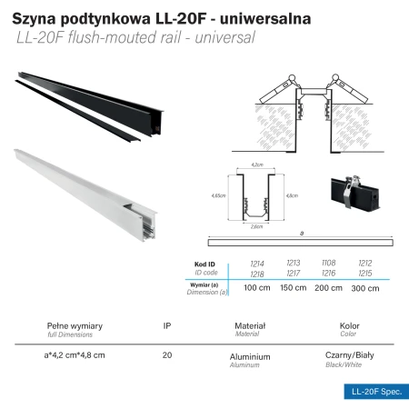 Szyna magnetyczna podtynkowa  LL-20F biała 150cm 1217 - Decorativi