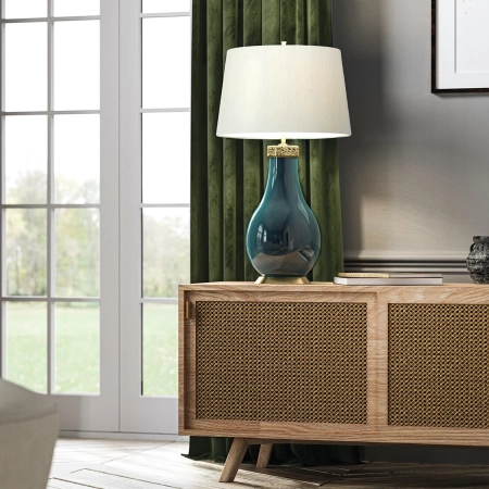 Lampa stołowa ceramiczna zielona z abażurem QN-HAVERING-TL-IV z serii Havering