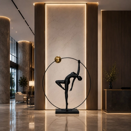 Lampa podłogowa WOMAN ARTISTIC 200 cm - czarna figura akrobatki ze złotą kulą F9320 - Step Into Design
