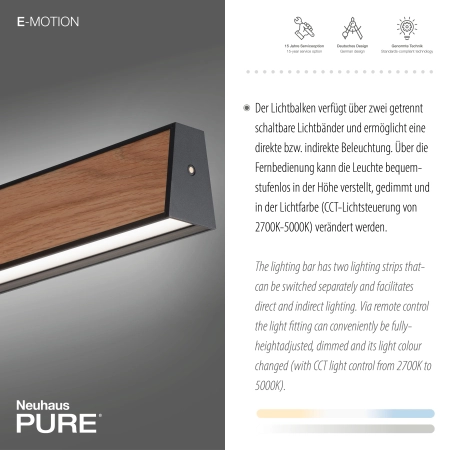Lampa wisząca z pilotem i windą elektryczną drewniana PURE E-MOTION 2570-79 - Paul Neuhaus