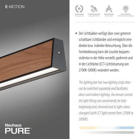 Lampa wisząca z pilotem i windą elektryczną drewniana PURE E-MOTION 2570-79 - Paul Neuhaus