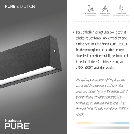Lampa wisząca z pilotem i windą elektryczną szara PURE E-MOTION 2570-15 - Paul Neuhaus