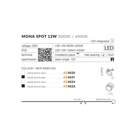 Oprawa do wbudowania Mona Spot 12W 3000K AZ4532 - Azzardo
