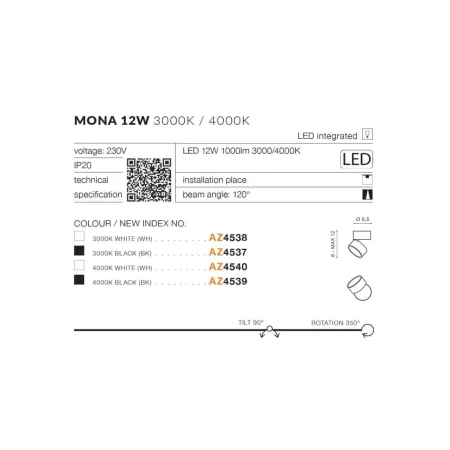 Oprawa sufitowa Mona 12W 4000K AZ4540 - Azzardo
