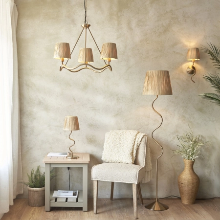 Lampa podłogowa mosiężna z kloszem z rafii 114224 z serii Wriggle - Endon Lighting
