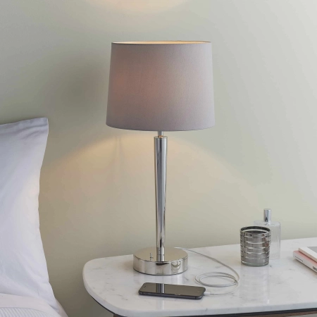 Lampa stołowa metalowa srebrna z beżowym abażurem 72175 z serii Syon - Endon Lighting