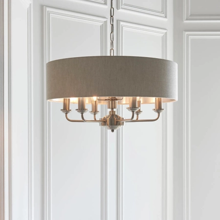 Lampa wisząca 6-punktowa chromowana z lnianym abażurem 94357 z serii Highclere - Endon Lighting