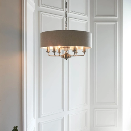 Lampa wisząca 6-punktowa chromowana z lnianym abażurem 94357 z serii Highclere - Endon Lighting
