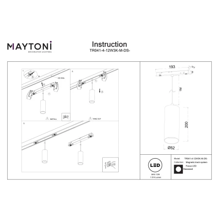 Lampa wisząca do szyn Focus LED TR041-4-12W3K-M-DS-BBS- Maytoni