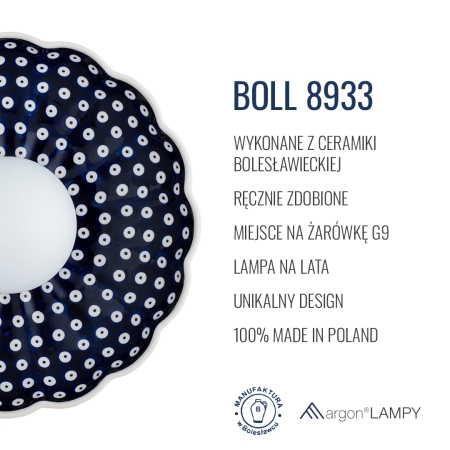 Kinkiet z ceramiki bolesławieckiej w kształcie muszli BOLL kobalt 8933 - Argon