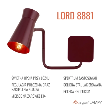 Kinkiet z wysięgnikiem LORD bordowy 8881 - Argon